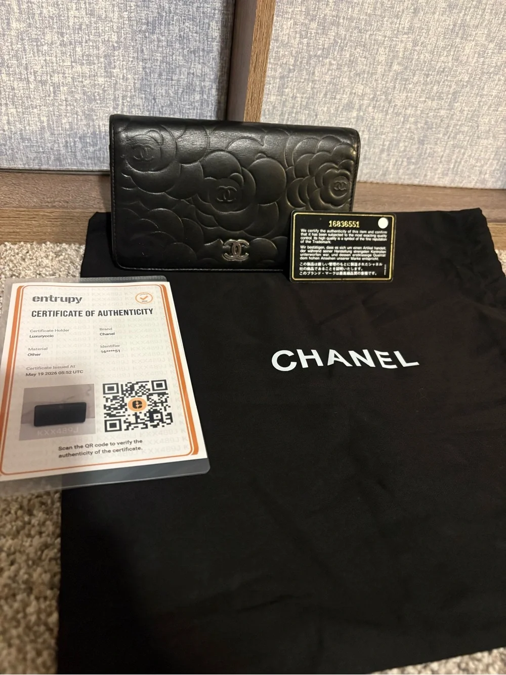 CHANEL Black Quilted Camellia Leather Long Wallet with CC Emblem, VGUC!